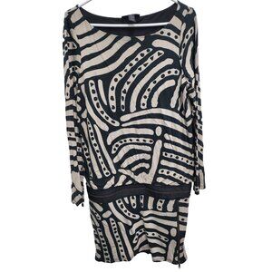 INC International Concepts Dress Large Black Beige Abstract Artsy Long Sleeves